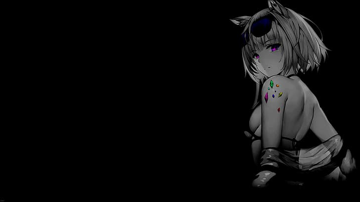 pewarnaan selektif, gadis anime, satu warna, latar belakang sederhana, latar belakang hitam, Wallpaper HD