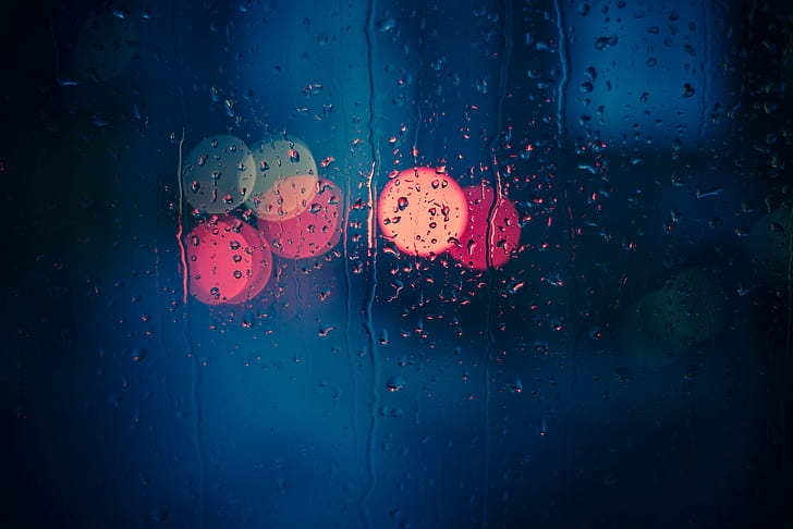 tilt shift lens of water droplets, Through the glass, tilt shift lens, water droplets, Nikon  D750, 35mm, F1.8, Jordi, Photography, London, raindrop, rain, drop, wet, window, weather, backgrounds, abstract, blue, water, condensation, HD wallpaper