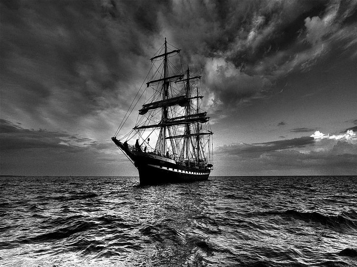 ship illustration, ship, sea, sail, storm, black white, HD wallpaper