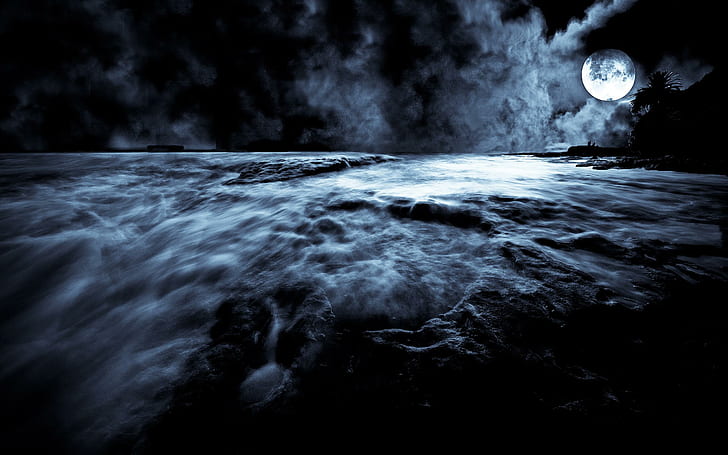 Жуткая одинокая ночь, белая полная луна на водоёме, обои, фэнтези, облака, ночь, готика, 3d и абстракция, HD обои