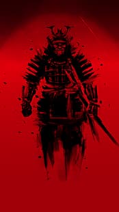 samurai, rosso, Giappone, arte digitale, smartphone, Sfondo HD HD wallpaper
