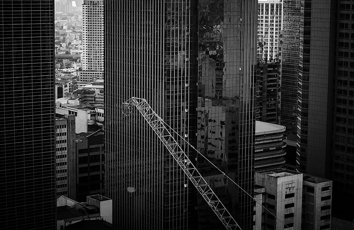 architecture, black and white, buildings, city, construction, crane, skyscraper, urban, public domain images, HD wallpaper