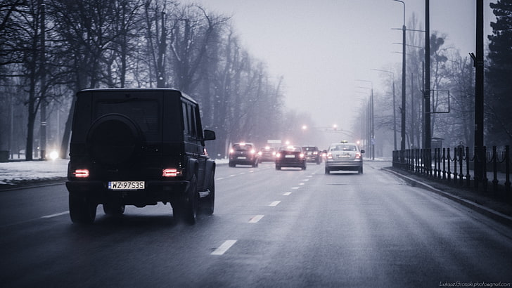 черно офроуд превозно средство, Mercedes Benz, Mercedes G-Class, Гданск, зима, филмово зърно, път, магистрала, HD тапет