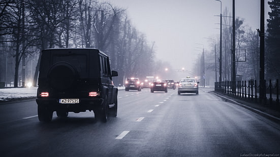 รถออฟโรดสีดำ, Mercedes Benz, Mercedes G-Class, Gdańsk, ฤดูหนาว, ฟิล์มเกรน, ถนน, ทางหลวง, วอลล์เปเปอร์ HD HD wallpaper
