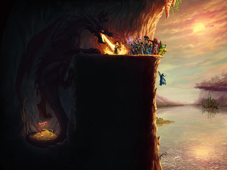cartaz gráfico de dragão e personagens, dragão, videogames, arte de fantasia, humor, Magicka, HD papel de parede