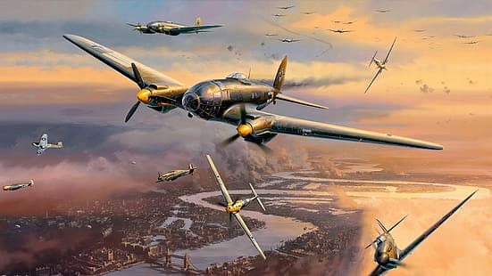 สงครามโลก สงคราม สงครามโลกครั้งที่สอง ทหาร เครื่องบินทหาร อากาศยาน เครื่องบิน เครื่องบินทิ้งระเบิด เยอรมนี Luftwaffe กองทัพอากาศ งานศิลปะ Boxart Heinkel He 111 ลอนดอน Battle of Britain เรือ, วอลล์เปเปอร์ HD HD wallpaper