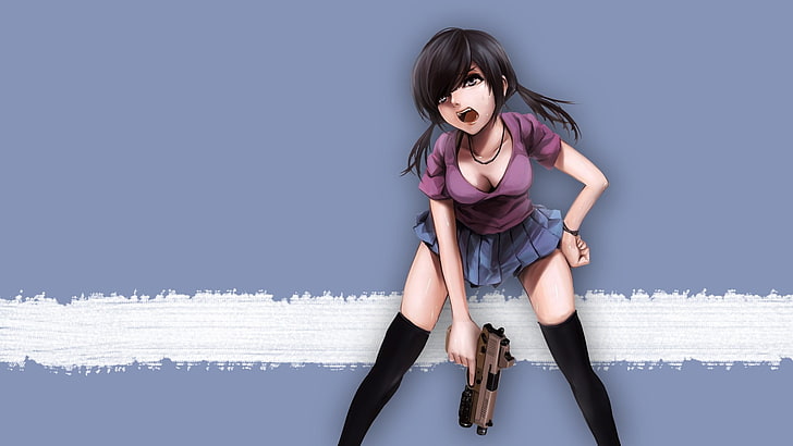 pistol, cleavage, anime girls, gun, HD wallpaper