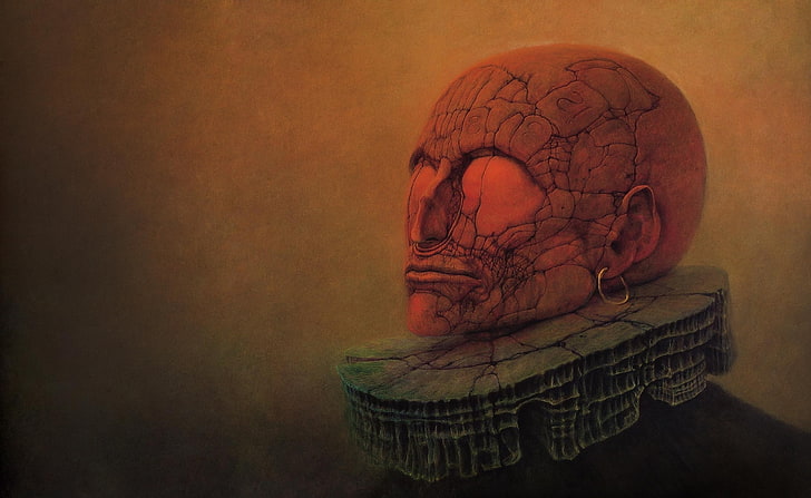 Zdzislaw Beksinski Ilustrasi kepala manusia yang mulia, berwarna coklat dan oranye, Artistik, Gambar, Wallpaper HD