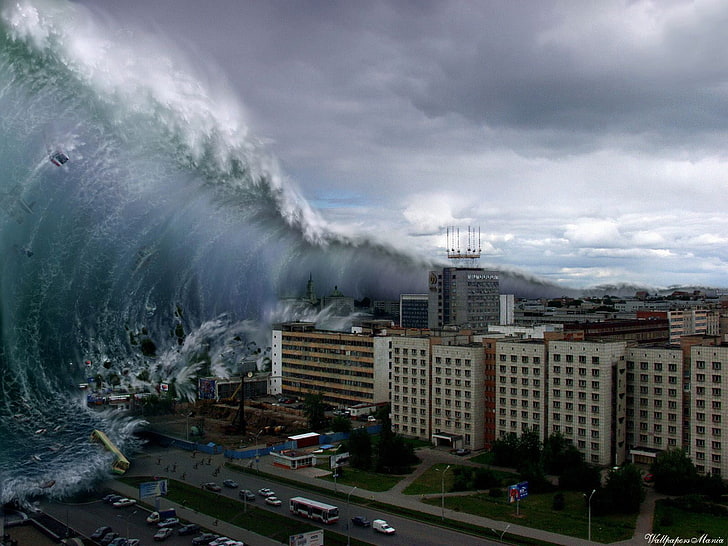 immeuble de grande hauteur en béton, vague, catastrophe, tsunami, Fond d'écran HD
