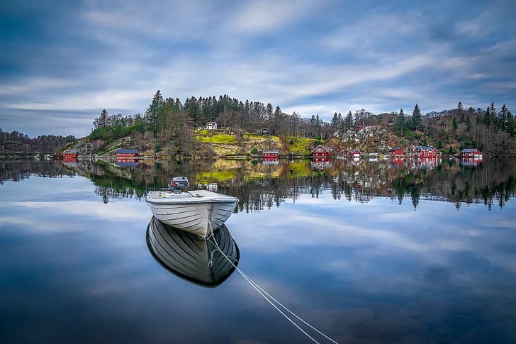 lake, reflection, boat, Norway, Rogaland, Egersund, Eigersund, HD wallpaper