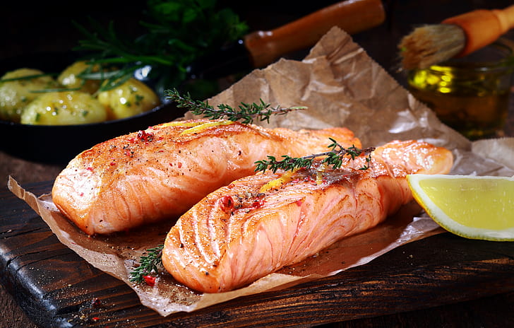 fish, food, Grilled Salmon, salmon, HD wallpaper
