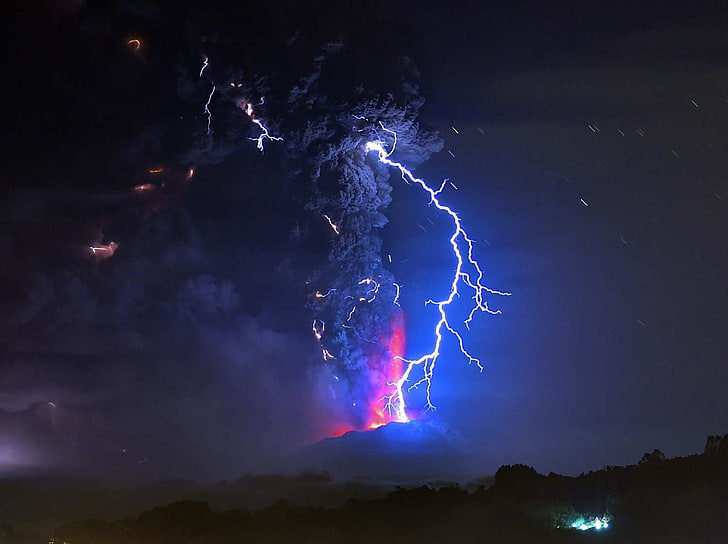 ilustrasi kilat, gunung berapi, kilat, alam, Wallpaper HD
