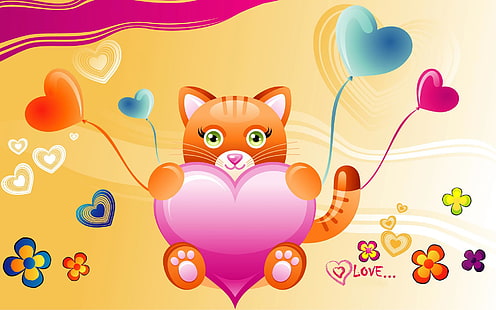 사랑 고양이, 고양이와 하트 풍선 디지털 배경 화면, 사랑, 핑크, 고양이, 심장, HD 배경 화면 HD wallpaper