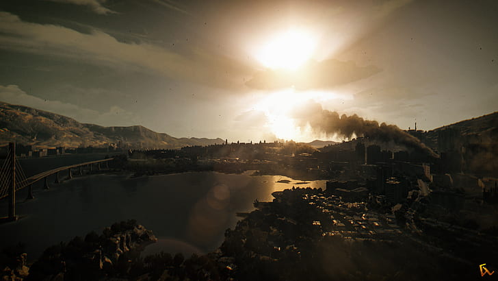 Cityscape, clouds, Dying Light, First, landscape, Optical flares, person shooter, Photoshop, Sun Rays, sunset, video games, HD wallpaper