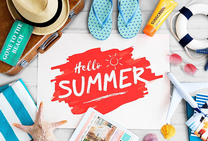 musim panas, topi, koper, Wallpaper HD