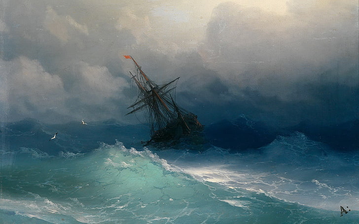 Ship on Stormy Seas poster by Ivan Aivazovsky, storm, sailing ship, Ivan Konstantinovich Aivazovsky, HD wallpaper