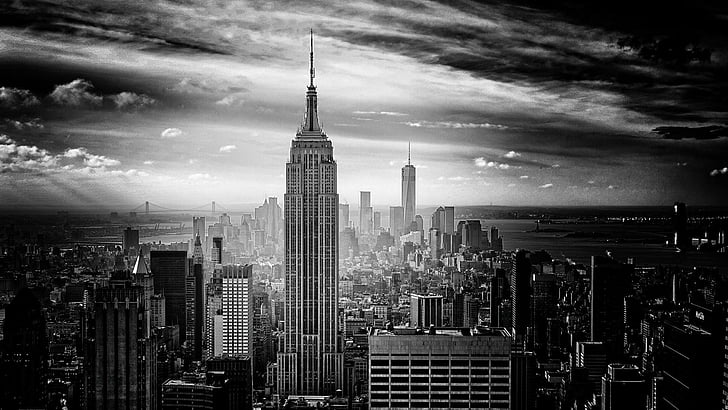 ดำและขาว, ขาวดำ, ภาพถ่าย, การถ่ายภาพ, เมืองนิวยอร์ก, สหรัฐอเมริกา, สหรัฐอเมริกา, อาคารเอ็มไพร์สเตท, ทิวทัศน์ของเมือง, วอลล์เปเปอร์ HD