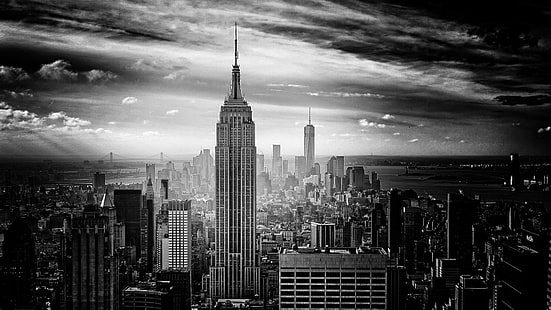 чёрно-белое, монохромный, фото, фотография, нью-йорк, сша, сша, эмпайр стейт билдинг, городской пейзаж, HD обои HD wallpaper