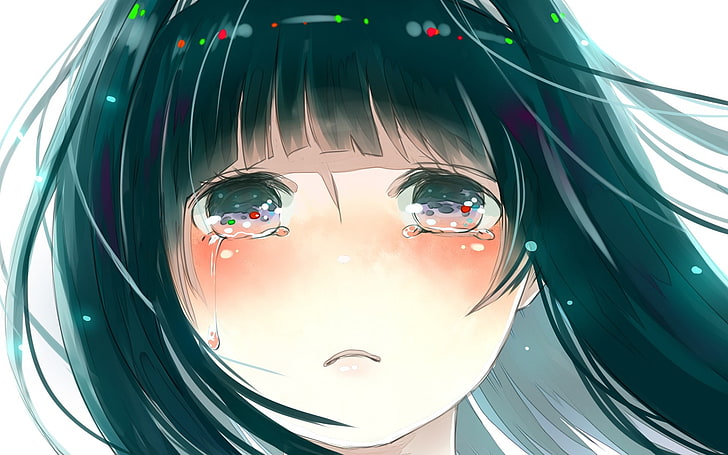 Garota de anime chorando com lágrimas nos olhos usando óculos