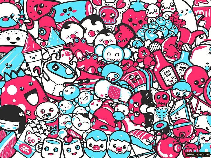 blue and pink doodle art, colorful, digital art, artwork, HD wallpaper