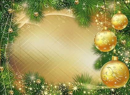 クリスマスの花輪と安物の宝石ボーダー、ボール、枝、グラフィックス、輝き、クリスマス、新年、 HDデスクトップの壁紙 HD wallpaper