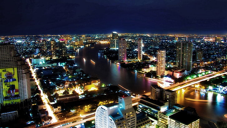 التصوير الجوي سيتي سكيب ، بانكوك ، تايلاند ، الليل ، أضواء المدينة ، المنظر العلوي، خلفية HD
