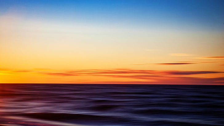 calm body of water, sea, blurred, sunrise, horizon, waves, HD wallpaper