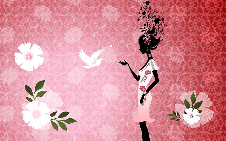 woman wearing pink and red floral dress illustration, girl, flowers, bird, dress, silhouette, HD wallpaper