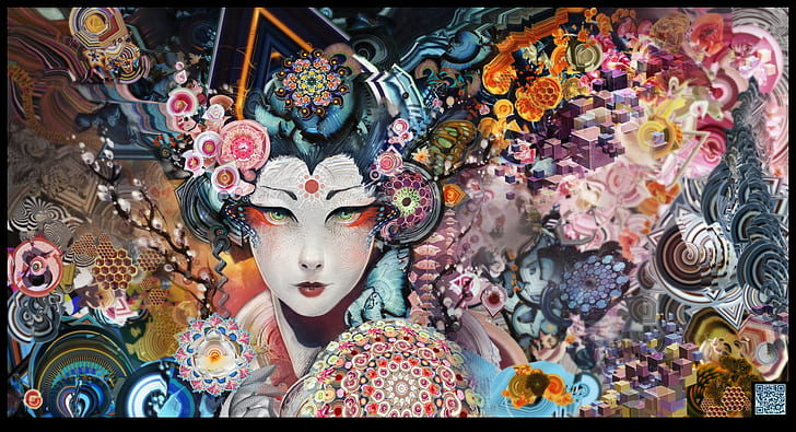 psykedelisk, geisha, färgstark, Android Jones, HD tapet