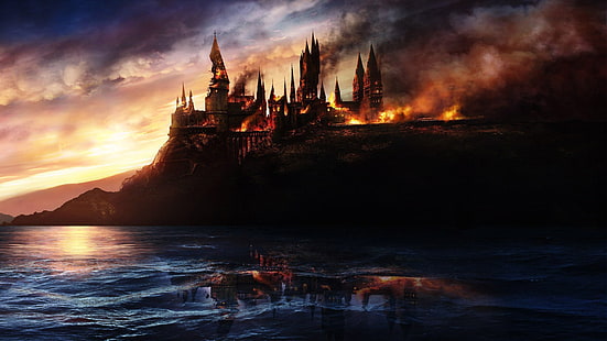арт, замок, цифровой, фэнтези, огонь, Гарри, Хогвартс, Поттер, ведьма, HD обои HD wallpaper