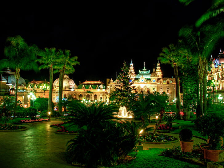 zielenie, kwiaty, noc, projekt, światła, palmy, trawnik, drzewo, tor, ogród, fontanna, krzewy, pałac, Monako, kasyno w Monte Carlo, Tapety HD