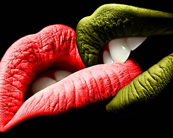 lèvres rouges et vertes, artistique, amour, Fond d'écran HD