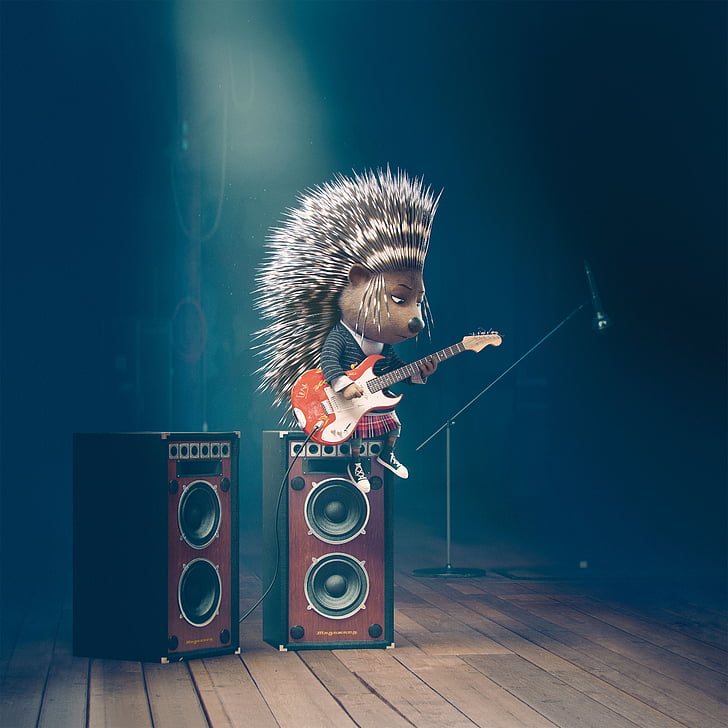 animated hedgehog playing SG guitar sitting on brown and black PA speaker, Ash, Scarlett Johansson, Sing, Animation, 5K, HD wallpaper