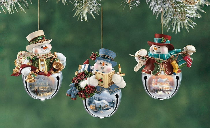 snowmen, christmas decorations, branch, new year, christmas, holiday, close-up, three snowman figurines, snowmen, christmas decorations, branch, new year, christmas, holiday, close-up, HD wallpaper