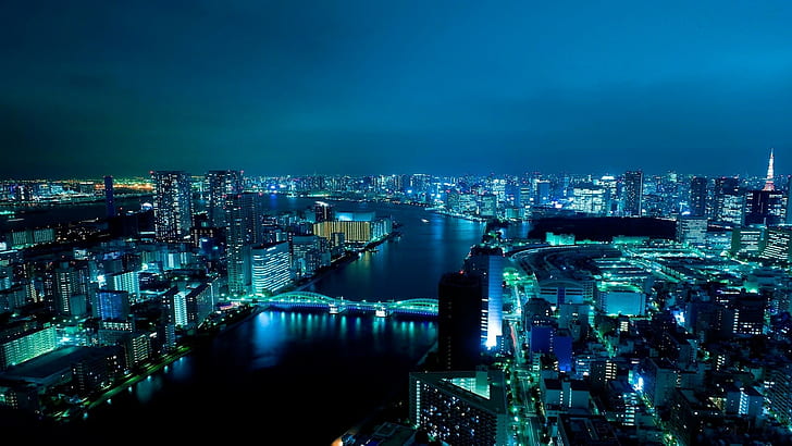 Токио Ночные Здания River Bridge HD, ночь, здания, городской пейзаж, мост, река, Токио, HD обои