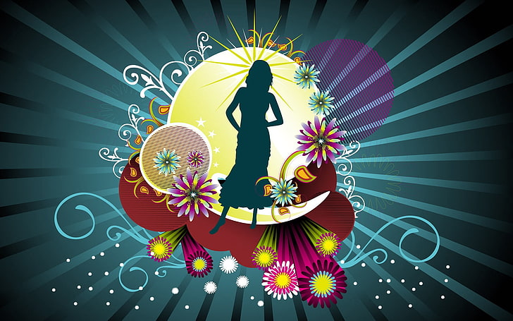 silhouette of woman illustration, аbstraction, vector, heavens, woman, flowers, HD wallpaper