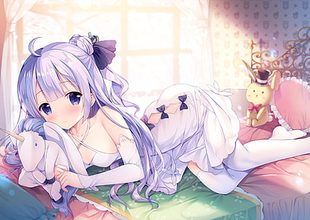 TwinBox, anime, anime girls, purple eyes, purple hair, toys, Azur Lane, Unicorn (Azur Lane), HD wallpaper HD wallpaper