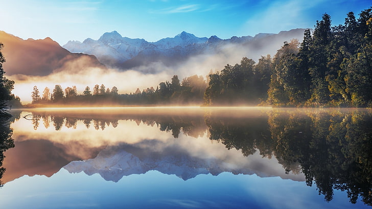 reflection photography of trees, nature, landscape, lake, mist, forest, mountains, water, reflection, snowy peak, trees, HD wallpaper