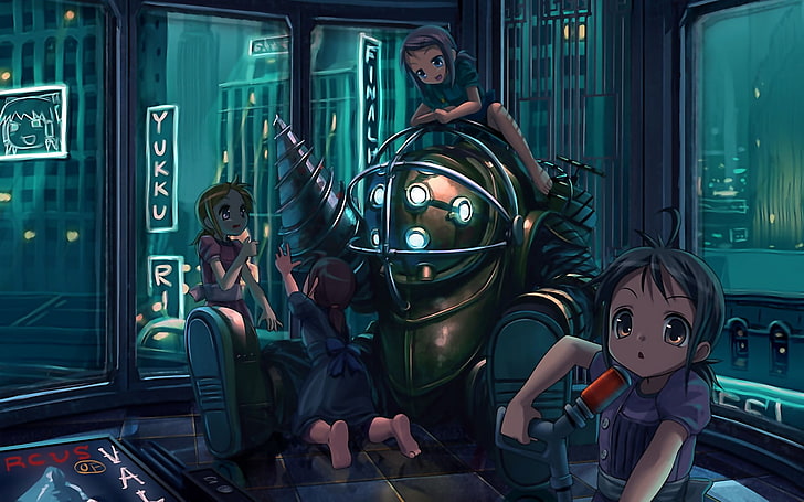 три девочки рядом с серыми роботами, аниме-персонажи, иллюстрации, видеоигры, BioShock, Big Daddy, Little Sister, аниме, HD обои