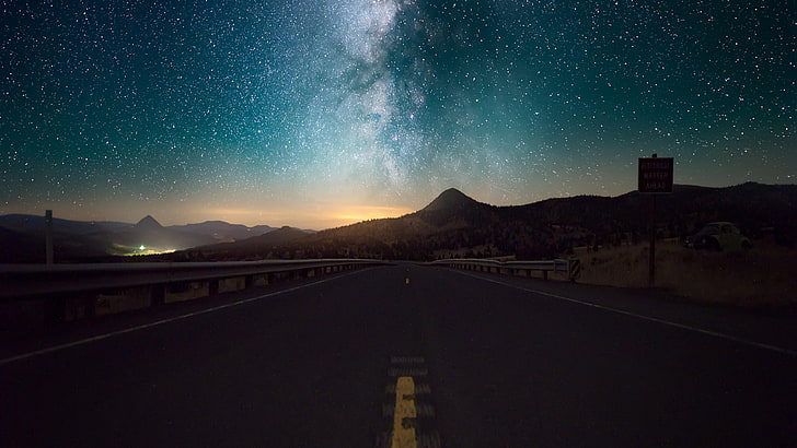 starry, sky, nigth, road, milky way, stars, highway, HD wallpaper