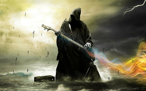 muerte guitarra esqueleto mar oscuro obra de arte bajo guitarras, Fondo de pantalla HD HD wallpaper