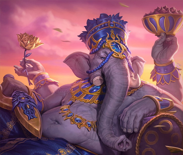 Ganesha, forrest imel, elephant, smite, game, fantasy, pink, god, blue, HD wallpaper