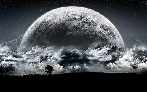 Luna piena, chiaro di luna, albero, nuvole, cielo, stelle, fantasia, luna piena, chiaro di luna, albero, nuvole, cielo, stelle, fantasia, Sfondo HD HD wallpaper