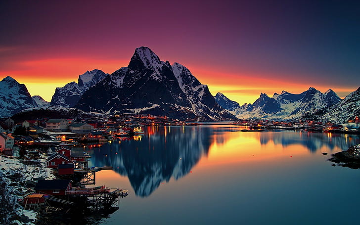 alam laut matahari terbenam refleksi air gunung salju musim dingin pulau lofoten norwegia reof lofoten, Wallpaper HD