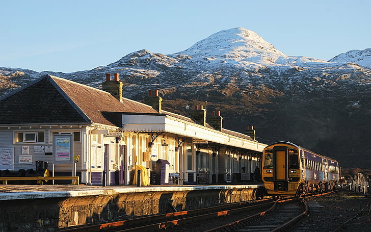 планини, Шотландия, Снежен връх, влак, жп гара, HD тапет