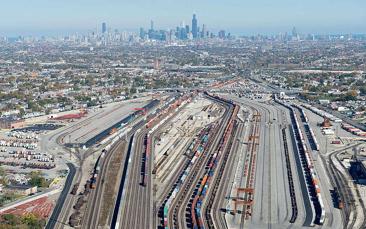 yüksek katlı bina şehir manzarası, demiryolu yard, tren, şehir, Chicago, ABD, havadan görünümü, Cicero illinois, HD masaüstü duvar kağıdı