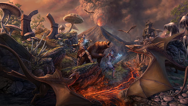 fictional character near volcano wallpaper, The Elder Scrolls Online, The Elder Scrolls III: Morrowind, volcano, Grizzly bear, video games, Wyvern, Cliffracer, HD wallpaper