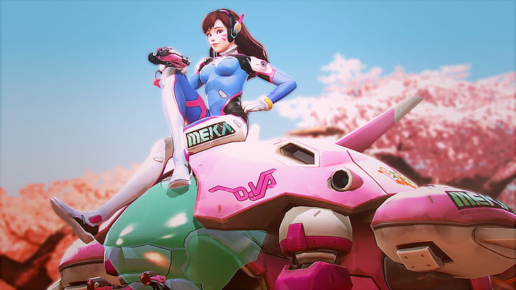 여성 애니메이션 캐릭터 벽지, 소녀, 총, 탱크, 초과 시청, D.Va, 하나 노래, HD 배경 화면