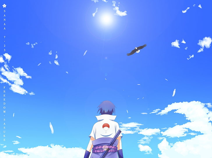 Naruto Uchiha Sasuke illustration, Naruto Shippuuden, anime, Uchiha Sasuke, clouds, eagle, HD wallpaper