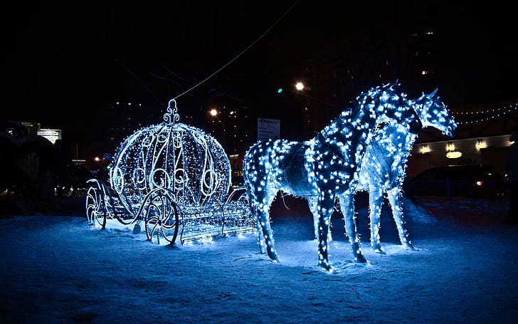 Garland horses and carriage, wagon with lights, photography, 2560x1600, snow, winter, horse, carriage, garland, HD wallpaper